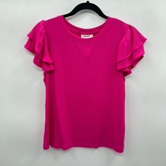 ON 34th Pink ribbed woman Flutter sleeve ribbed shabby chic summer top NWT L - Picture 2 of 13